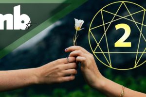 A picture of two people passing a flower with the symbol for the Enneagram Type 2 in the background