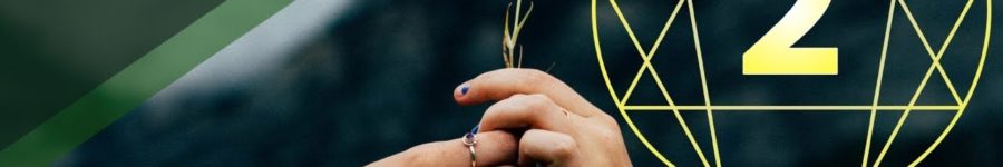 A picture of two people passing a flower with the symbol for the Enneagram Type 2 in the background