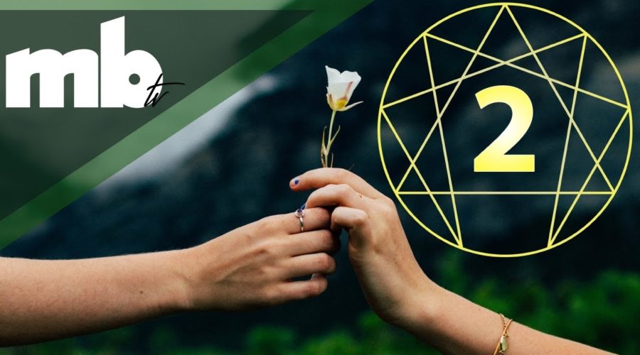 A picture of two people passing a flower with the symbol for the Enneagram Type 2 in the background