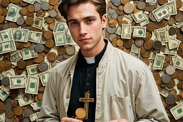 A picture of a young white man surrounded by money looking to purchase religion. He has a cross necklace.