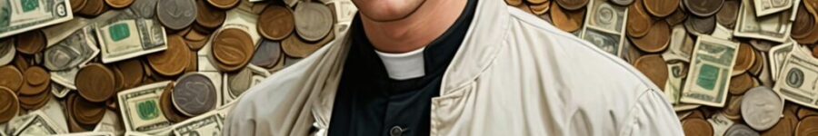 A picture of a young white man surrounded by money looking to purchase religion. He has a cross necklace.