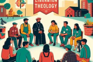 A picture of a group of people from a vareity of backgrounds sitting in a circle and discussing something underneath a banner which read "Liberation Theology."