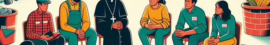 A picture of a group of people from a vareity of backgrounds sitting in a circle and discussing something underneath a banner which read "Liberation Theology."