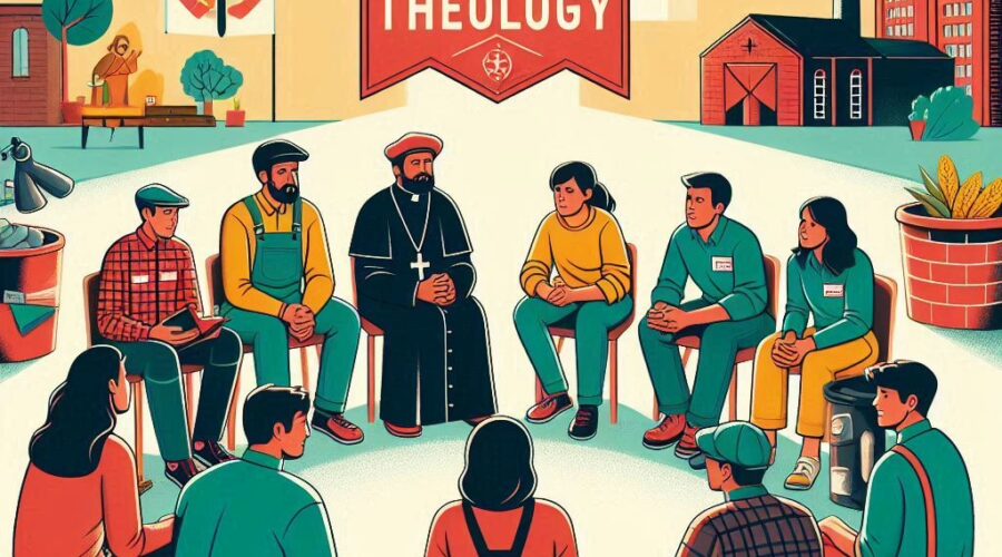 A picture of a group of people from a vareity of backgrounds sitting in a circle and discussing something underneath a banner which read "Liberation Theology."