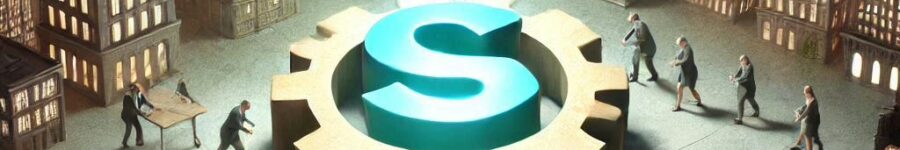 An image of a city with workers being spent around a set of gears with a dollar sign in the middle.