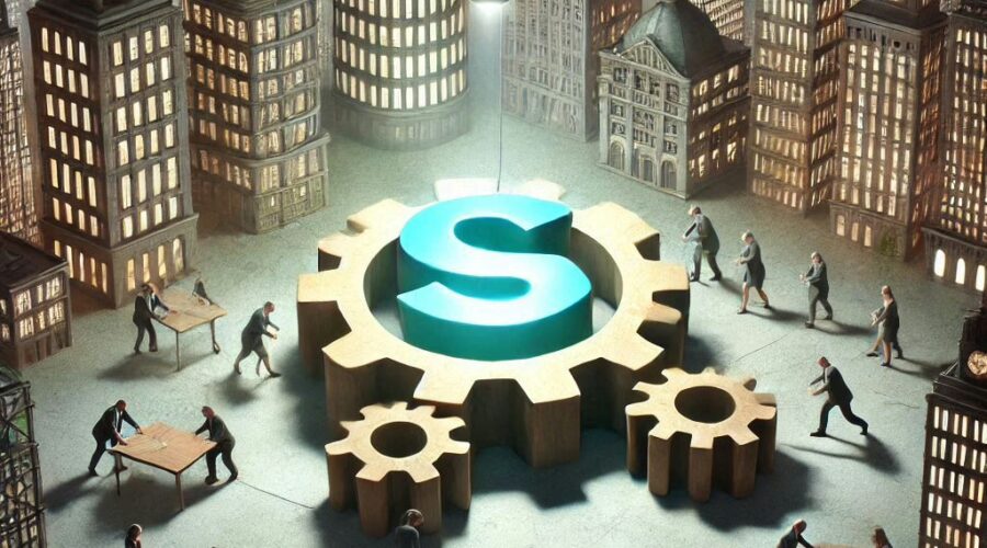 An image of a city with workers being spent around a set of gears with a dollar sign in the middle.