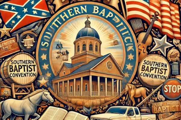 An AI generated picture of Americana fused with Biblical themes depicting the conservative resurgence in the Southern Baptist convention.