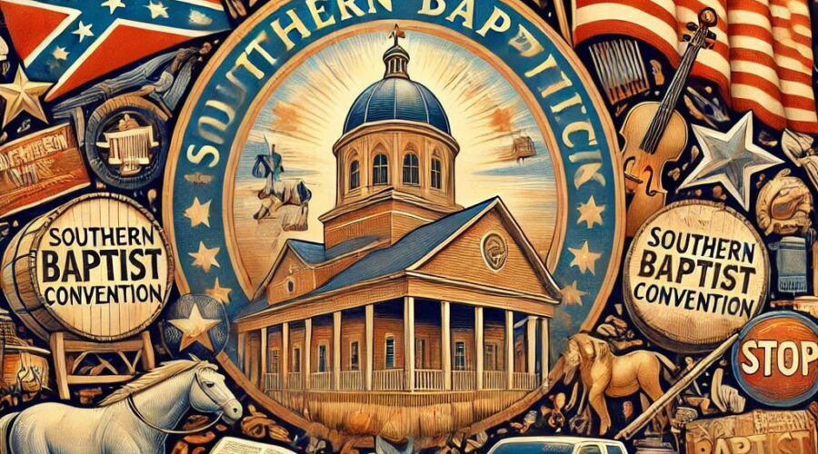 An AI generated picture of Americana fused with Biblical themes depicting the conservative resurgence in the Southern Baptist convention.